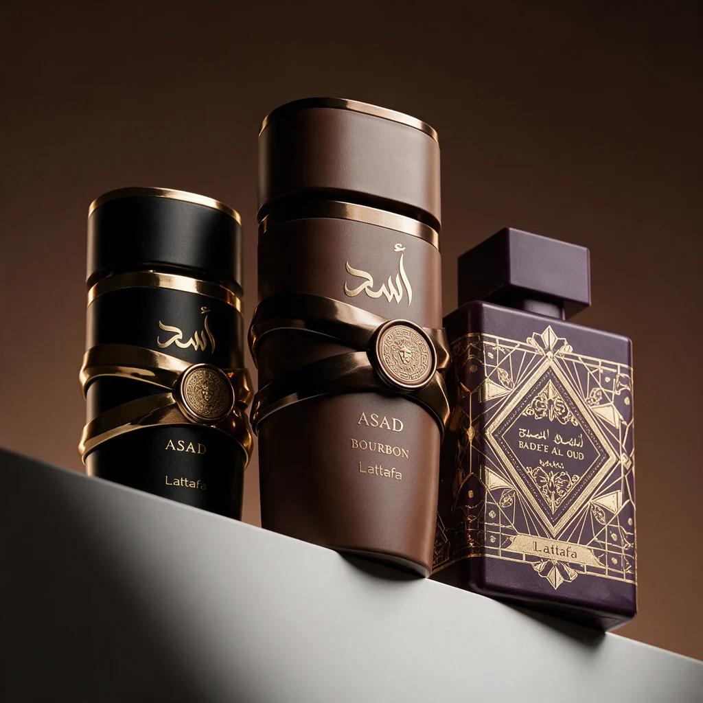 Frascos de perfume arabe Lattafa: Asad, Asad Bourbon y Badee Al Oud